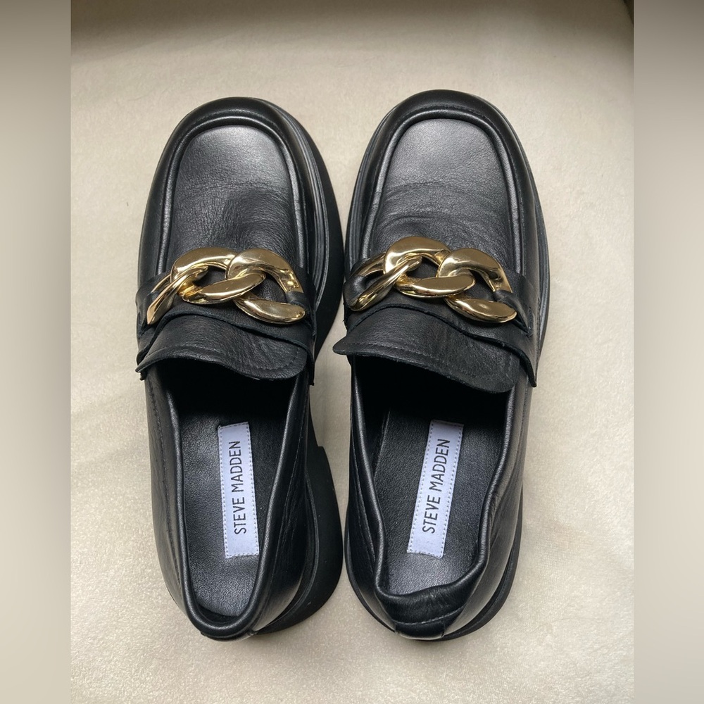 Steve Madden Black Leather Loafers with Gold Accent